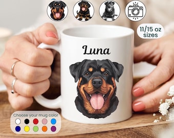May include: White ceramic mug featuring a Rottweiler dog illustration with the name "Luna". The mug offers 11/15 oz sizes and the option to customize the design. Text on the mug reads "Pick Your design Or Send Us a Photo".