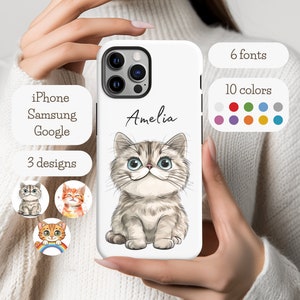 Personalized phone case featuring a cute cartoon cat design with a customizable name, available for iPhone, Samsung, and Google Pixel models.