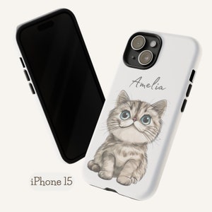 Personalized phone case featuring a cute cartoon cat design with a customizable name, available for iPhone, Samsung, and Google Pixel models.