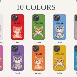 Personalized phone case featuring a cute cartoon cat design with a customizable name, available for iPhone, Samsung, and Google Pixel models.