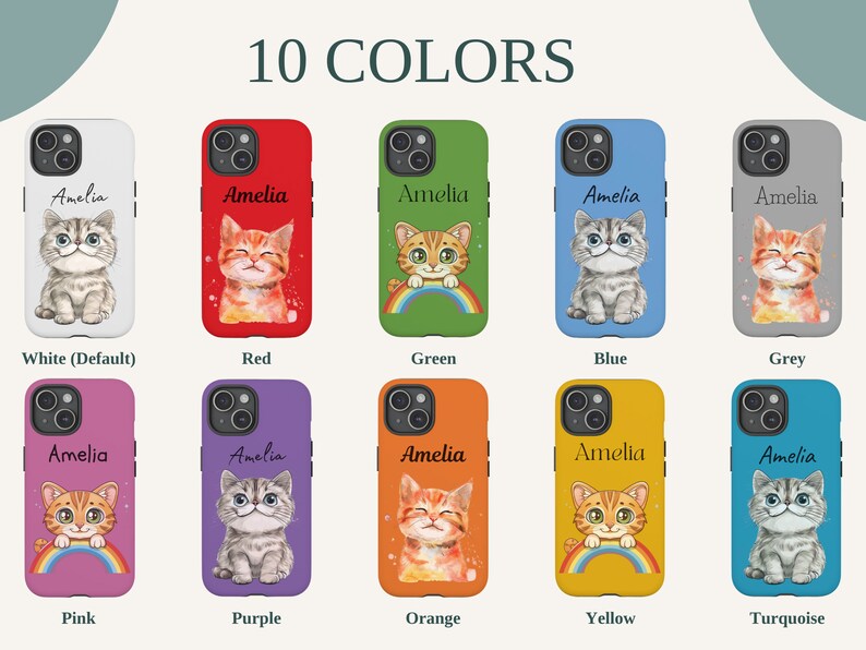 Personalized phone case featuring a cute cartoon cat design with a customizable name, available for iPhone, Samsung, and Google Pixel models.