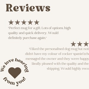 May include: Five-star reviews for a personalized dog mug. The first review says "Perfect mug for a gift. Lots of options, high quality and quick delivery. Would definitely purchase again." The second review says "I liked the personalized dog mug but noticed they didn't have my colour of cocker spaniel (chocolate). I messaged the owner and they were happy to assist. Really pleased with the quality and the speed of shipping. Would highly recommend!"