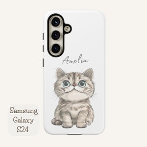Personalized phone case featuring a cute cartoon cat design with a customizable name, available for iPhone, Samsung, and Google Pixel models.