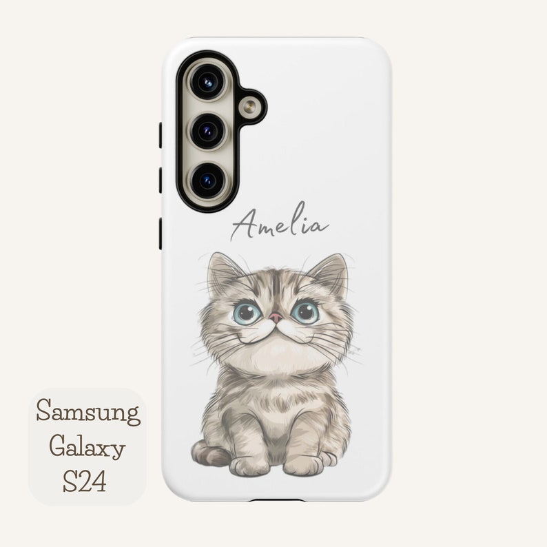 Personalized phone case featuring a cute cartoon cat design with a customizable name, available for iPhone, Samsung, and Google Pixel models.
