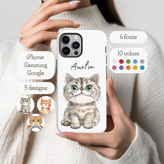 Personalized Cat Phone Case Cat Gift Custom Name Gift Animal Case iPhone Samsung Google Case Cute Animal Lover Gift for Kids Cat Phone Cover