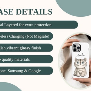 Personalized phone case featuring a cute cartoon cat design with a customizable name, available for iPhone, Samsung, and Google Pixel models.