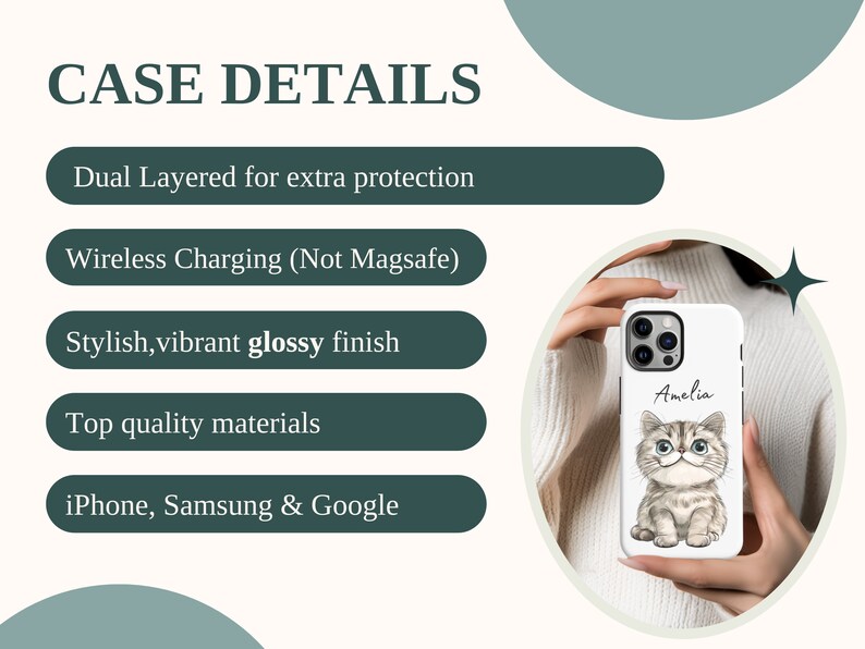 Personalized phone case featuring a cute cartoon cat design with a customizable name, available for iPhone, Samsung, and Google Pixel models.