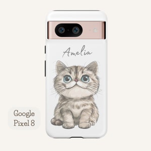 Personalized phone case featuring a cute cartoon cat design with a customizable name, available for iPhone, Samsung, and Google Pixel models.