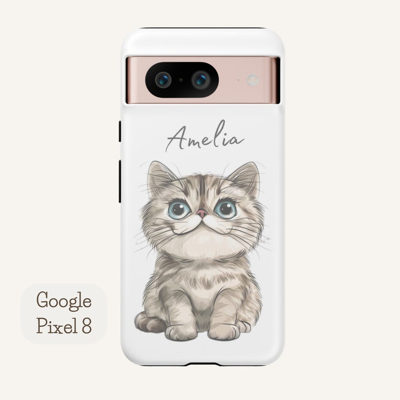 Personalized phone case featuring a cute cartoon cat design with a customizable name, available for iPhone, Samsung, and Google Pixel models.