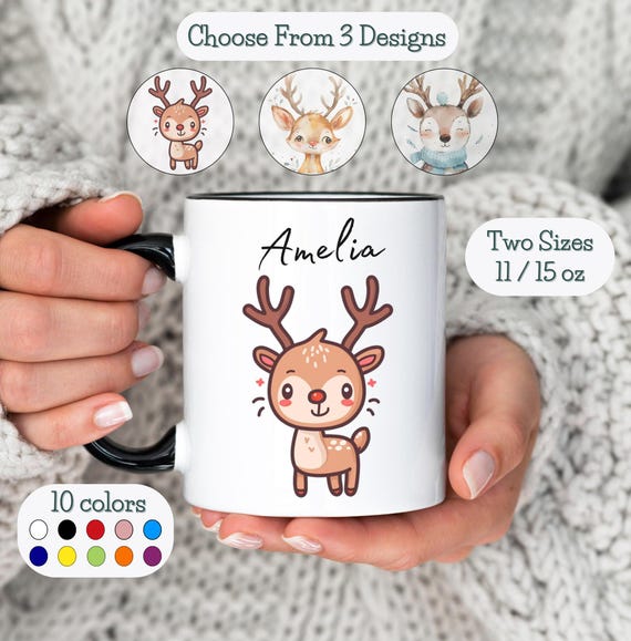 Personalized Reindeer Mug Reindeer Gift Custom Name Coffee Cup Customizable Kids Gift Cute Reindeer Lover Friend Gift Animal Lover Present
