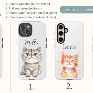 Personalized phone case featuring a cute cartoon cat design with a customizable name, available for iPhone, Samsung, and Google Pixel models.