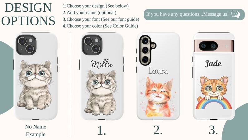 Personalized phone case featuring a cute cartoon cat design with a customizable name, available for iPhone, Samsung, and Google Pixel models.