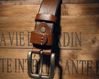 Cintura da uomo in pelle bovina fatta a mano, cintura con fibbia ad ardiglione in pura pelle bovina vintage, cintura da uomo