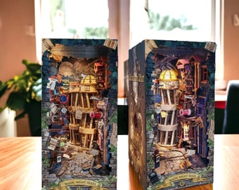 Bookshelf with Our DIY Wooden Book Nook Shelf Insert Kit - Magical Night Alley with LED Lights! Perfect Miniature Building