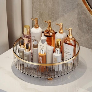 Light Luxury Rotating Cosmetic Organizer: Transparent Makeup Storage Tray for Perfume, Skincare, Jewelry & Aromatherapy - Elegant Solution