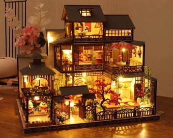 Kit maison de poupée miniature à monter soi-même pour villa japonaise - Modèle en bois à grande échelle avec lumières | Cadeau artisanal pour adultes et décoration d'intérieur