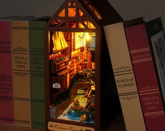 Enchanted Romantic Town Book Nook Insert with LED Light - Bookshelf Enhancing Miniature Model Building Kit DIY