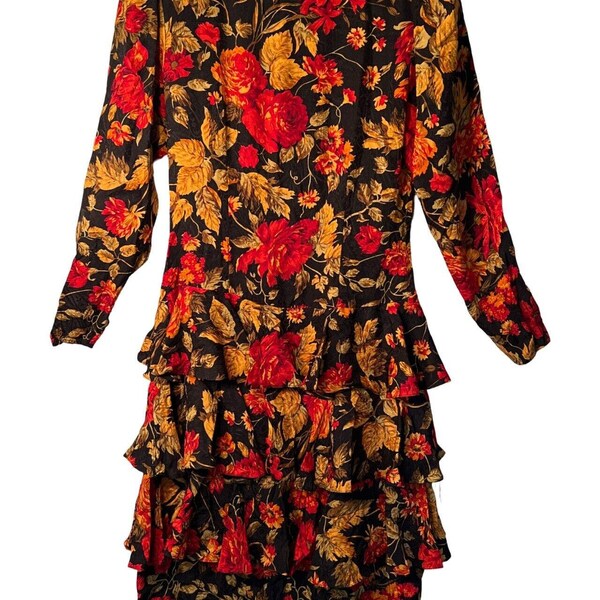 MAGGIE LONDON Dress 8 VINTAGE 1980 Silk Midi Long Sleeve Layered Hem Multicolor