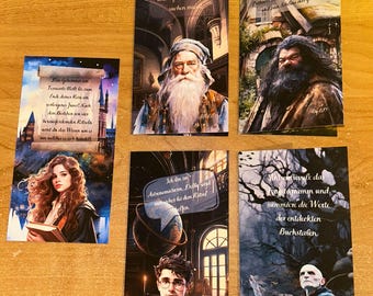 May include: Five colorful bookmarks featuring characters from the Harry Potter series. Each bookmark has a quote from the book series and an illustration of a character. The bookmarks are printed on cardstock and have a matte finish.