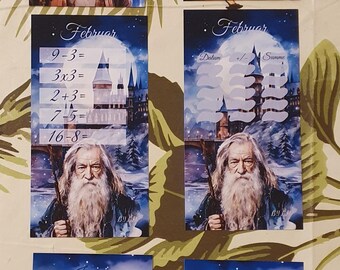May include: Six printable cards featuring a Harry Potter theme. Each card has a different month of the year, with a Hogwarts castle illustration and a character from the Harry Potter series. The cards include math problems, dates, and blank spaces for writing.