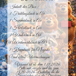 Könnte beinhalten: Ein Bild mit dem Text "Adventsbox" und einer Liste von Artikeln, darunter saisonale Bücher und eine Neujahrskarte. Der Hintergrund zeigt Zeichentricktiere in einer Waldlandschaft.