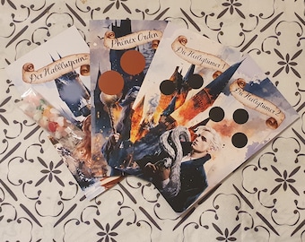 May include: Four book covers with colorful watercolor backgrounds and black circles. The titles are "The Half-Blood Prince", "Phoenix Order", "The Deathly Hallows 1", and "The Deathly Hallows 2".