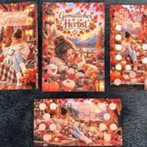 Könnte beinhalten: Drei rechteckige Karten und eine horizontale Karte mit einer Illustration einer Person mit einem Fuchs in herbstlicher Umgebung. Der Text Gemütlicher Herbst ist mittig aufgedruckt. Die Karten enthalten kreisförmige Ausstanzungen.