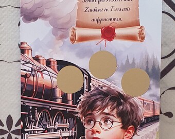 May include: A Hogwarts acceptance letter with a red wax seal, a steam engine train, and a young boy wearing glasses and a red scarf. The text on the letter reads "Herzlichen Glückwunsch Mr. Harry Otter, sie wurden in der Magischen Schule für Hexerei und Zauberei in Foxwarts aufgenommen." The text at the bottom reads "By Budget Drache & Budget Berry".