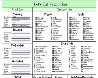Weekly Vegetarian Meal Plan &amp; Grocery List Printable, Shopping List, Breakfast Lunch and Dinner ...
