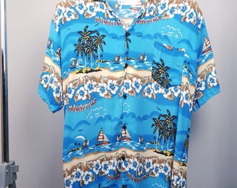 1990s Hawaiian All Over Print Button Up Shirt • 90s Retro Multicolor Beach Graphic Shirt • Thrifted Clothing • Japanese Streetwear Clothing