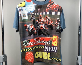 Camiseta retro de cuello redondo con estampado completo vintage de la década de 1990 de la técnica de carreras de motocross de EE. UU., nueva guía, para hombre, talla L
