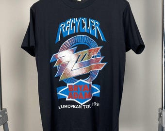 Vintage 1991 ZZ Top & Bryan Adams European Tour T-Shirt · Recycler Album Rock Band Tee · Rare 90s Concert Single Stitch Shirt · Music Gift ·
