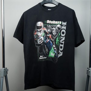 2000&#39;s USA Vintage Honda Stobart English Team Superbike Motocross Racing Graphic Print Crewneck Black Retro T Shirt