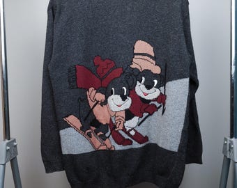 Vintage 1980's Cartoon Bears Skiing Cute Knitted Gray Retro 80s Style Crewneck Cozy Wool Sweater Old School Knitwear Pullover Men's L Size