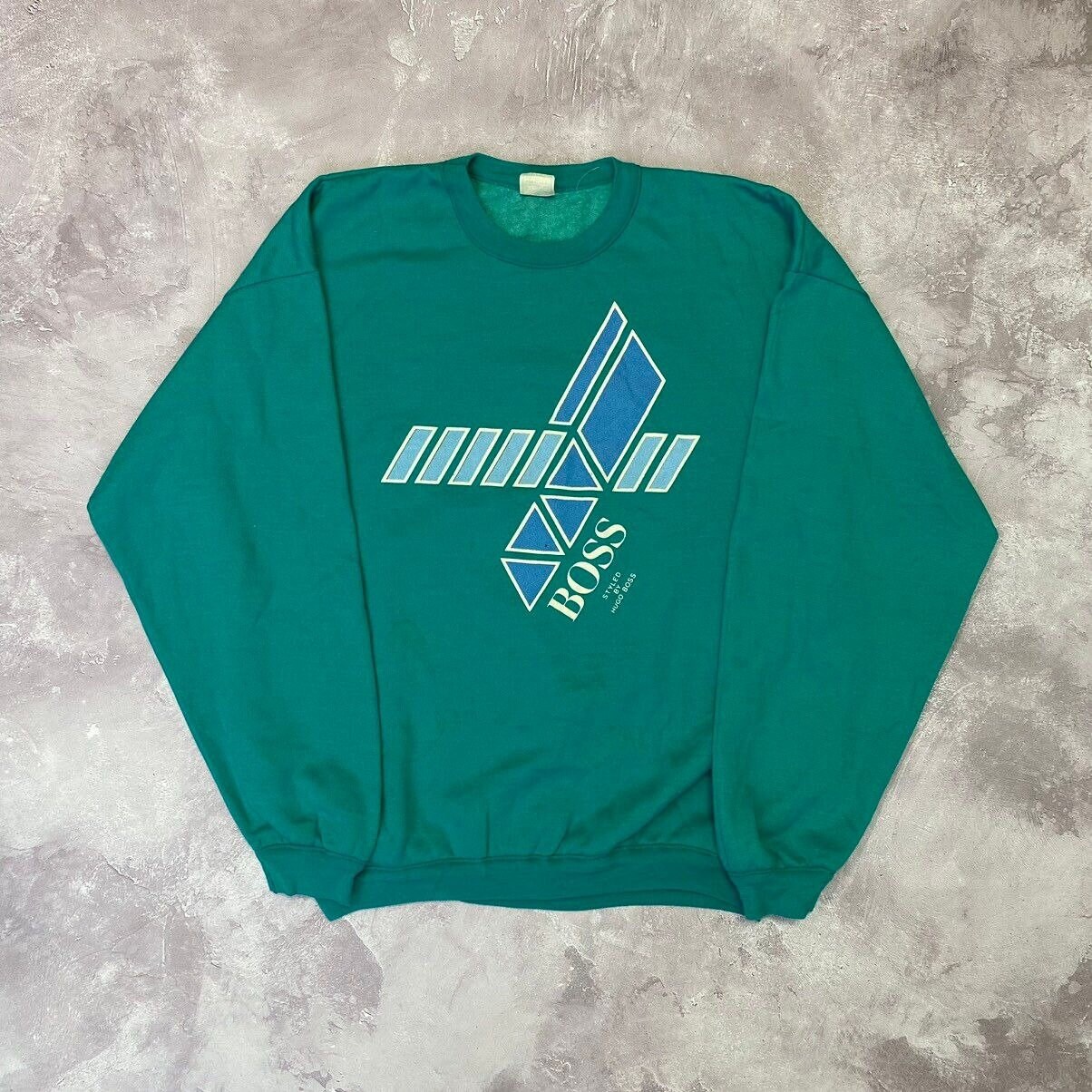 ClothesFromThenToNow 80s Hugo Boss Vintage Rare Big Logo Graphic Print Green Cotton Sweatshirt Mens XL Size