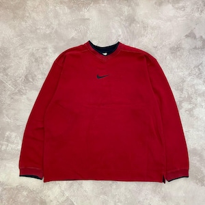 2000&#39;s VTG Nike Vintage Embroidered Middle Center Swoosh Logo V Neck Red Color Sweatshirt •  Retro Style Sportswear Clothing Men&#39;s XXL Size