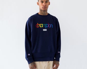 Champion Kith Blue Casual Crewneck Sweatshirt With Double Embroidered Logo Men's L Size • Streetwear Designer Y2K Big Logo Sweater Kith