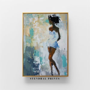 Puede incluir: Pintura abstracta de una mujer con un vestido blanco sobre un fondo azul y verde. La pintura está realizada en un estilo suelto y expresivo con pinceladas visibles.
