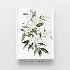 Zarte Blumenillustration | Aquarelldruck "Jasminbrise" | Ruhiger Botanischer Druck | Erfrischende Wandkunst | Sofortiger Download