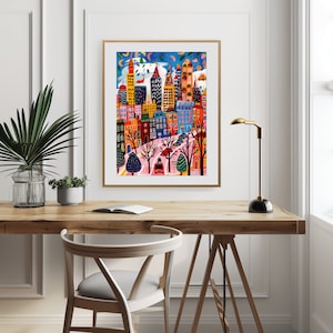 May include: A colorful illustration of a city skyline with buildings, trees, and cars. The buildings are painted in bright colors, including red, yellow, blue, and green. The trees are green and the cars are red and blue. The sky is blue with white clouds.