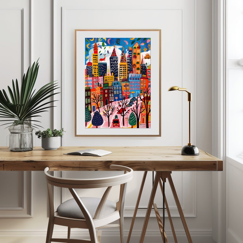 May include: A colorful illustration of a city skyline with buildings, trees, and cars. The buildings are painted in bright colors, including red, yellow, blue, and green. The trees are green and the cars are red and blue. The sky is blue with white clouds.