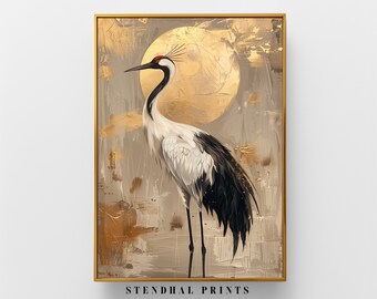 May include: A painting of a white and black crane with a red head standing on a gold and brown background. The crane is facing the left side of the image. The background has a large, round, gold shape that looks like a sun or moon. The painting is framed in gold and has the text "STENDHAL PRINTS" at the bottom.