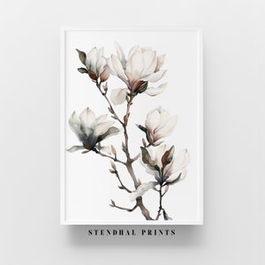 Puede incluir: Una impresión en acuarela enmarcada que presenta una rama de magnolia con varias flores y capullos blancos grandes. La obra de arte tiene una estética suave y delicada con tonos apagados de marrón y verde. El texto "STENDHAL PRINTS" está impreso en la parte inferior.