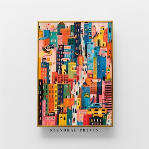 Puede incluir: Una pintura colorida de un horizonte urbano con edificios en varios tonos de azul, amarillo, rojo y verde. La pintura está enmarcada en oro y tiene el texto "STENDHAL PRINTS" en la parte inferior.