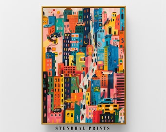 Art Print "Urban Patchwork" Cityscape Digital Download | Playful Streetscape Illustration | Contemporary Urban Art for Home Decor