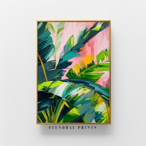 May include: Abstract painting of tropical leaves in shades of green, yellow, and pink. The painting is framed in a gold frame and has the text "STENDHAL PRINTS" at the bottom.