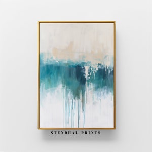 May include: Abstract painting in shades of blue and white with a gold frame. The painting features a horizontal band of blue with drips of paint running down the canvas. The text "STENDHAL PRINTS" is printed below the painting.
