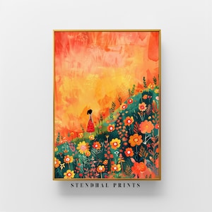 Puede incluir: Una pintura digital de una niña con un vestido rojo de pie en un campo de flores coloridas. El fondo es una puesta de sol naranja y amarilla vibrante.