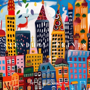 May include: A colorful illustration of a city skyline with tall buildings in various shades of blue, yellow, red, and green. The buildings have windows and doors, and some have decorative details. The text "Art for your Senses" is visible in the bottom center of the image.