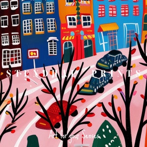 May include: A colorful illustration of a city street scene with buildings, trees, and cars. The text "Art for your Senses" is written in the lower right corner of the image.